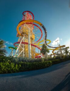 Exciting view of colorful water slides at a theme park in Bullock Harbour, The Bahamas.
