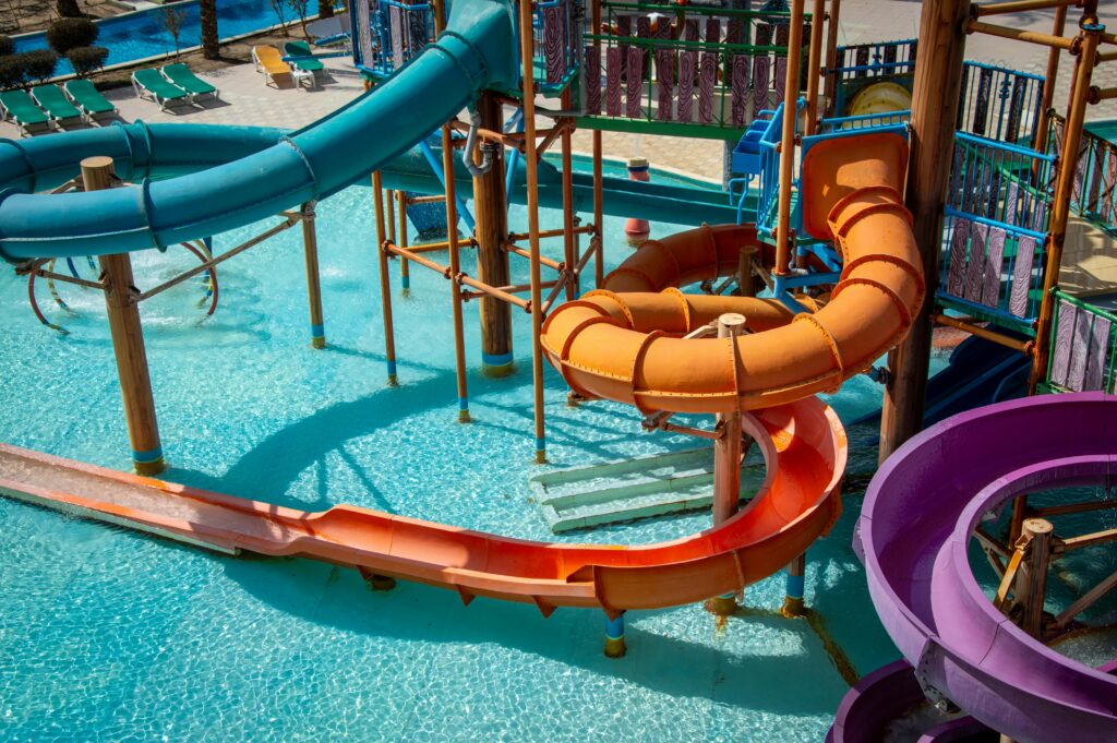 Vibrant water park slides offering fun in the sun for the whole family.
